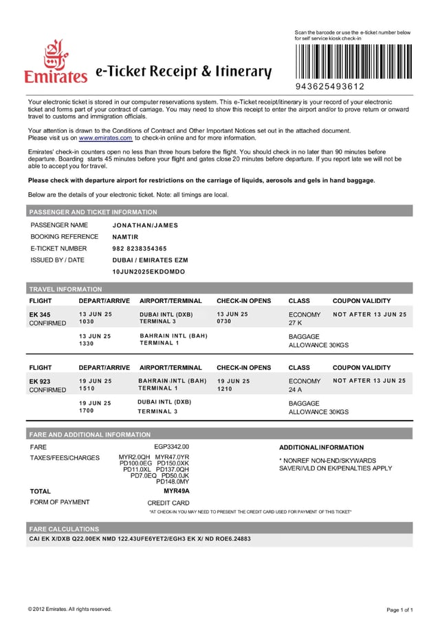 Document Confirming Onward Journey