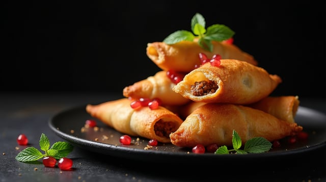 Golden Bahraini samboosa with garnishes