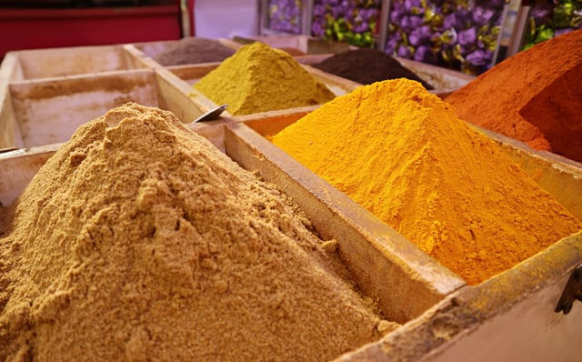Vivid spices displayed in Bahrain souq